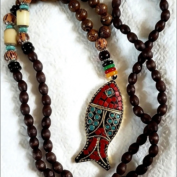 Long Sweater Necklace 20" Stone Bead Red Blue Pisces Fish Jewelry Boho Necklaces - Picture 6 of 10